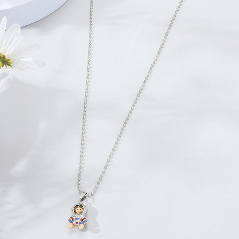 Hip Hop Astronaut Bear Pendant Necklace Alloy Electroplated Space Bear Ball Chain Jewelry For Unisex Daily Wear Accessory