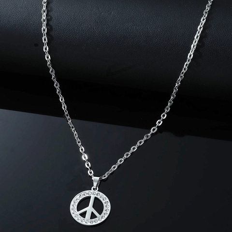 Collana con Pendente Segno della Pace in Acciaio Inossidabile Uomo Donna Argento Strass Intarsiato Fascino Catena Box Gioielli Hip Hop