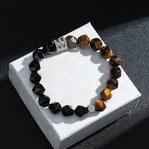 Heren Minimalistische Gefacetteerde Tijgeroog Obsidiaan Kralen Armband Geometrische Natuursteen Stretch Armband Sieraden Cadeau