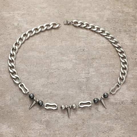 Gothic Punk Nieten Spleißen Halskette Edelstahl Cuban Kette Mit Spikes Perlen Für Damen Herren Personalisierter Dunkler Schmuck
