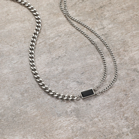 Collar de Cadena Cubana de Doble Capa de Acero Inoxidable Colgante Cuadrado de Strass Negro Punk Hip Hop Joyería