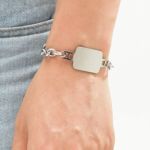 Pulsera de Cadena de Eslabones Cubanos Minimalista de Acero de Titanio para Hombres Mujeres Hip Hop Placa ID Rectangular Pulida