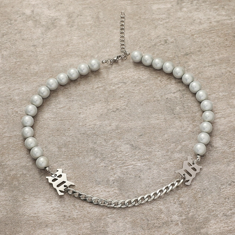 Gothic Letter M Artificial Pearl Patchwork Necklace Stainless Steel Punk Streetwear Unisex Jewelry For Women Men