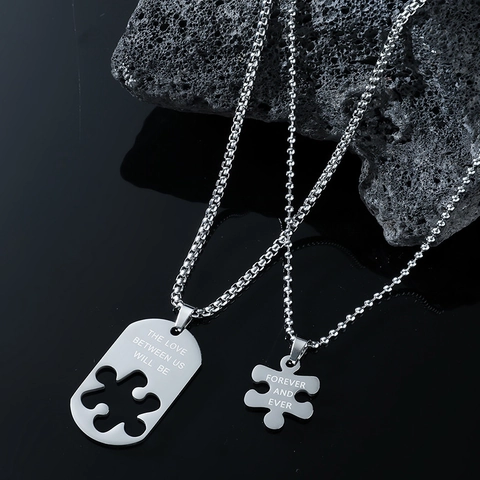 Edelstahl Puzzle Anhänger Halsketten Für Paare Unisex Silber Forever Schriftzug Layered Hip Hop Schmuck