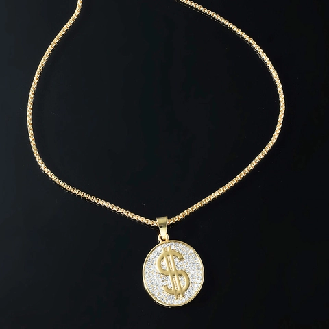 Collana con Pendente Segno del Dollaro Hip Hop per Uomo Donna Oro Argento Galvanizzato Strass Iced Out Simbolo Soldi Gioielli