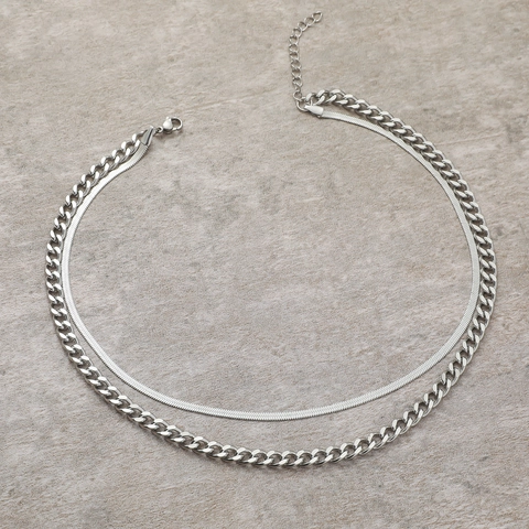Minimalist Stainless Steel Double Layer Necklace For Women Men Silver Color Curb Link Snake Bone Chain Hip Hop Jewelry Gift