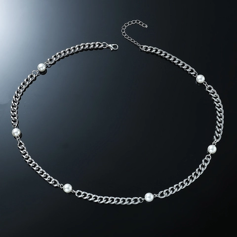 Collana a Catena Cubana Hip Hop in Acciaio Inossidabile Con Perle Artificiali per Uomo Donna Gioielli Streetwear