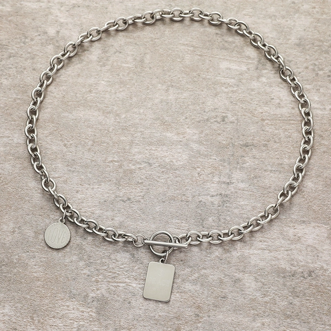 Collana con Ciondolo a Chiusura Toggle in Acciaio Inossidabile Moda Donna Cuore Argento Quadrato Doppio Ciondolo Catena Hip Hop