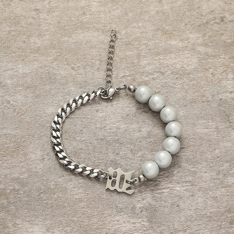 Gothic Letter Initiaal Roestvrij Stalen Armband Voor Heren Dames Kunstparel Schakelketting Gesplitst Trendy Sieraden Cadeau