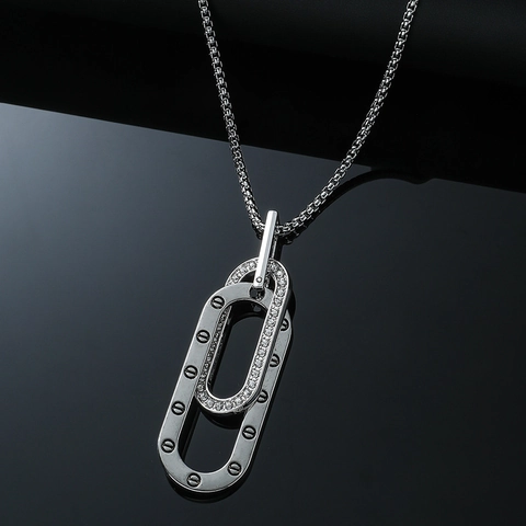 Hip Hop Stainless Steel Double Oval Interlocking Pendant Necklace With Rhinestone Screw Motif Box Chain Men Women Jewelry