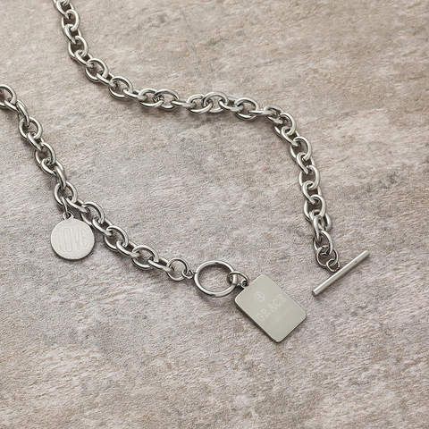 Collana con Ciondolo a Chiusura Toggle in Acciaio Inossidabile Moda Donna Cuore Argento Quadrato Doppio Ciondolo Catena Hip Hop