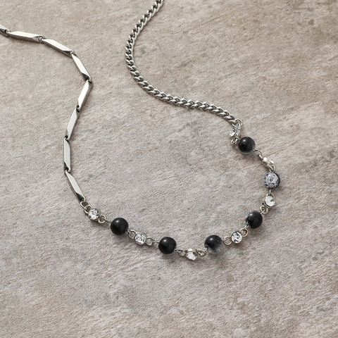 Stainless Steel Asymmetric Splicing Necklace with Cracked Marble Beads Artificial Crystal Rhinestone Clavicle Chain for Women Men