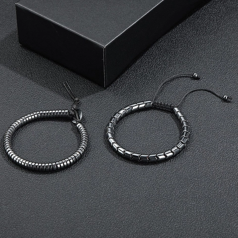 Bracelet Homme en Hématite Tressée à la Main Cordon Tissé Ajustable Perles en Hématite Non Magnétique Bijoux de Mode Cadeau