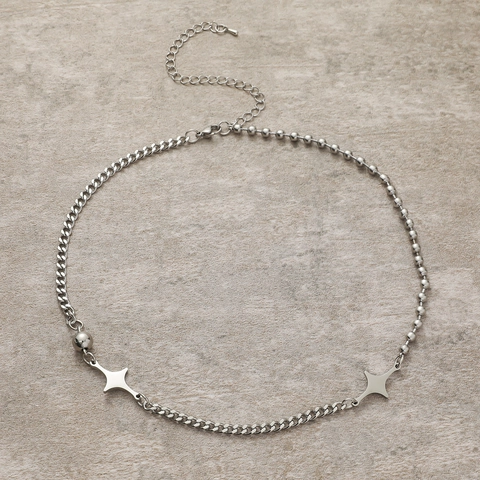 Collana a Catena Giuntata in Acciaio Inossidabile e Titanio Minimalista Ciondolo a Stella a Quattro Punte Gioielli Unisex con Catena a Sfere