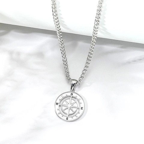 Men Vintage Compass Pendant Necklace Alloy Silver Color Hip Hop Streetwear Round Medallion Pendant Necklace Fashion Jewelry