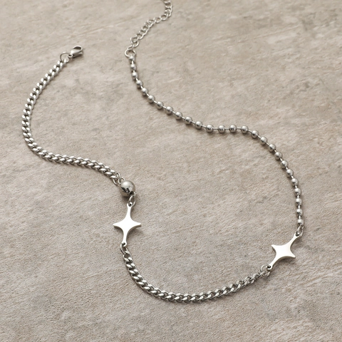 Collana a Catena Giuntata in Acciaio Inossidabile e Titanio Minimalista Ciondolo a Stella a Quattro Punte Gioielli Unisex con Catena a Sfere