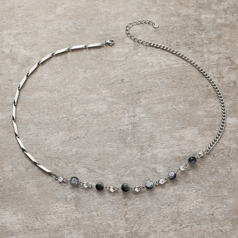 Stainless Steel Asymmetric Splicing Necklace with Cracked Marble Beads Artificial Crystal Rhinestone Clavicle Chain for Women Men