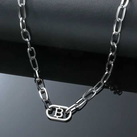 Collana con Ciondolo Lettera B in Acciaio al Titanio per Uomo Minimalista Argento Stile Industriale Catena a Giunzione