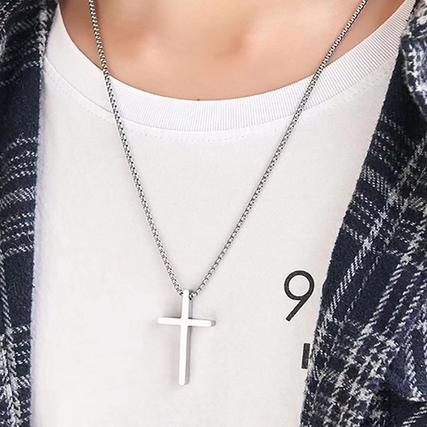 Minimalistische Roestvrijstalen Kruis Hanger Halsketting Voor Mannen Vrouwen Unisex Lange Trui Ketting Sieraden Zilverkleur