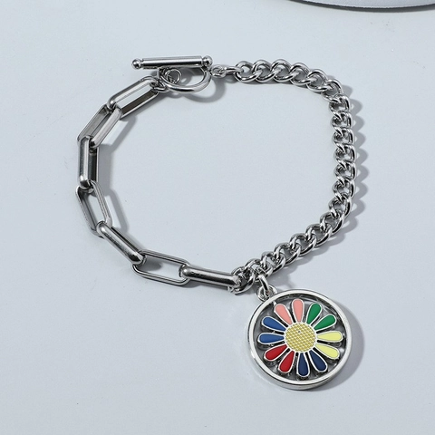 Pulsera con Colgante de Margarita Colorida de Acero Inoxidable Cadena Mixta de Hip Hop Joyería con Cierre de Palanca para Mujeres Hombres