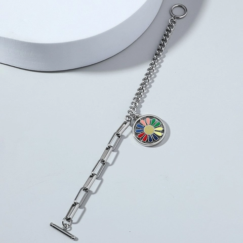 Pulsera con Colgante de Margarita Colorida de Acero Inoxidable Cadena Mixta de Hip Hop Joyería con Cierre de Palanca para Mujeres Hombres