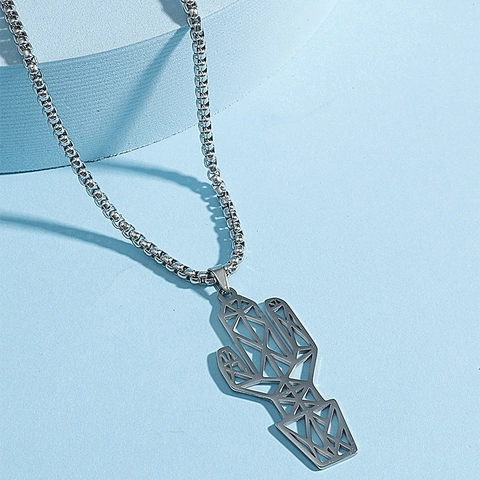 Minimalist Stainless Steel Cactus Pendant Necklace For Men And Women Geometric Hollow Out Plant Jewelry Gift Fashion Accessories