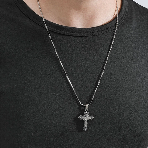Fashion Alloy Rhinestone Cross Pendant Necklace Gothic Double Layer Ball Chain Unisex Jewelry Religious Accessory Gift