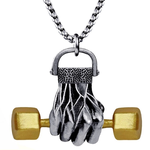 Hip Hop Dumbbell Fist Pendant Necklace For Men Women Gym Fitness Jewelry Alloy Electroplated Bi-Color Tough Strength Training Gift