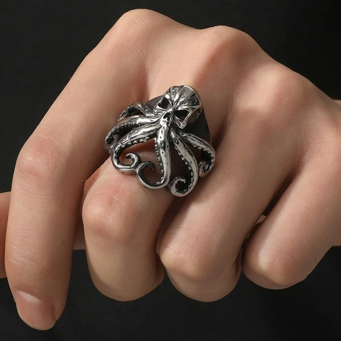 Vintage Octopus Skull Ring For Men Gothic Punk Alloy Kraken Tentacle Distressed Adjustable Band Ring Jewelry Accessory