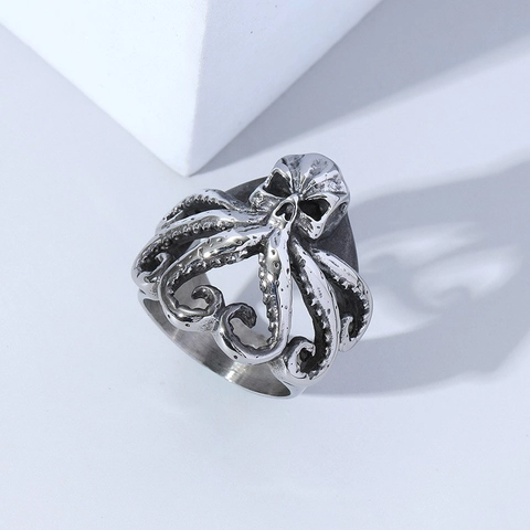 Vintage Octopus Skull Ring For Men Gothic Punk Alloy Kraken Tentacle Distressed Adjustable Band Ring Jewelry Accessory