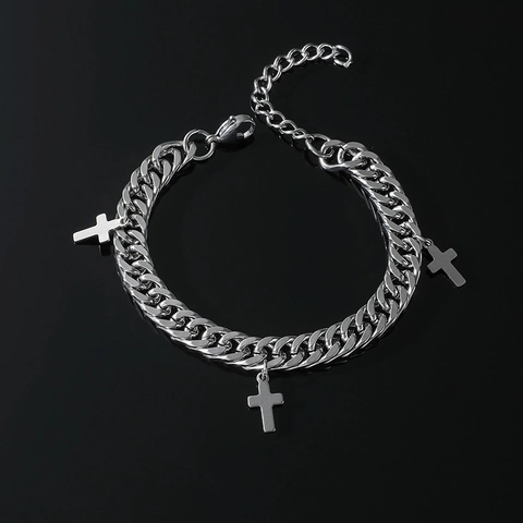 Collana e Bracciale da Uomo in Acciaio Inossidabile con Catena Cubana e Croce Tono Argento Gioielli Hip Hop Punk