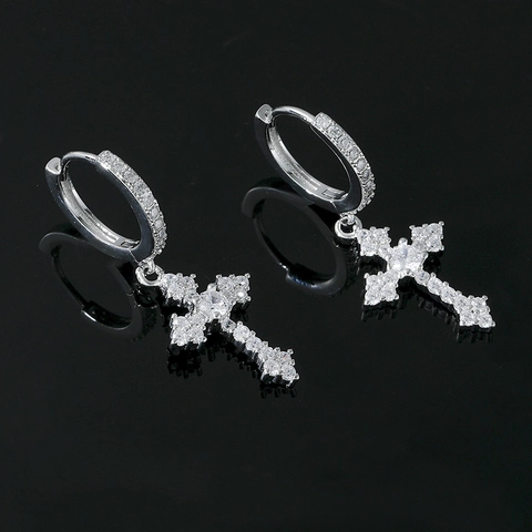 European American Fashion Alloy Rhinestone Cross Hoop Earrings For Men Women Shiny Crystal Inlaid Religious Dangle Earrings Jewelry Accessory Gift