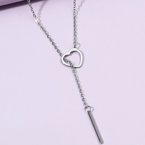 Elegant Stainless Steel Heart Pendant Y-Necklace For Women Minimalist Silver Tone Lariat Clavicle Chain Geometric Bar Jewelry