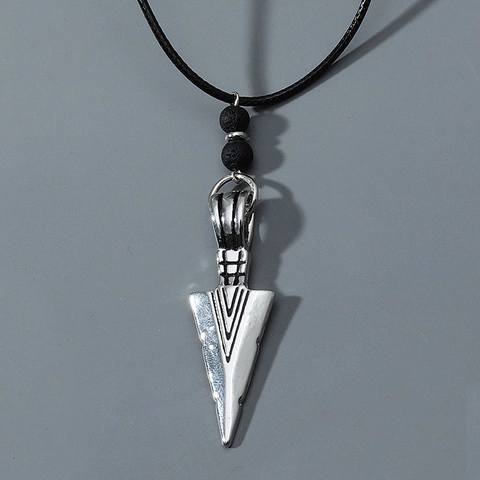 Collana con Pendente a Punta di Lancia Vintage con Perline in Pietra Vulcanica Cordino Cerato Nero Unisex Gioielli Punk