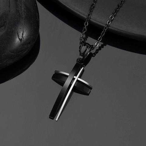Titanium Staal Kruis Hanger Ketting Mannen Vrouwen Minimalistisch Zwart Wit Splicing Kruis Sieraden Roestvrij Staal Schakelketting Ketting Cadeau