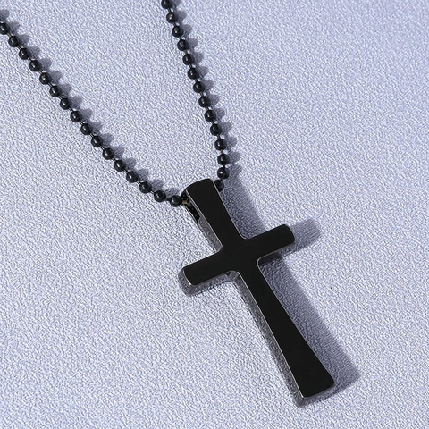 Hip Hop Cross Pendant Necklace Titanium Steel Alloy Round Bead Chain Punk Style Geometric Jewelry For Men Women Daily Wear