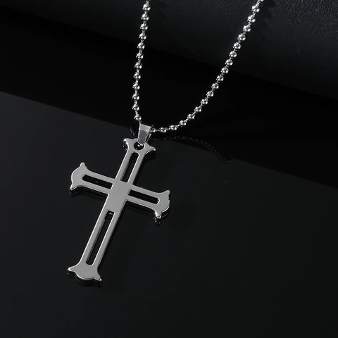 Mode Simple Collier Pendentif Croix Creuse en Acier Inoxydable Hip Hop Tendance Collier Chaîne à Billes pour Hommes Femmes Bijoux