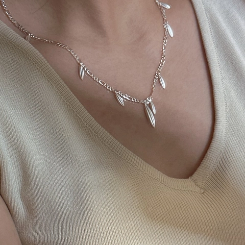 S925 Sterling Silver Bamboo Leaf Necklace Figaro Chain Minimalist Water Drop Pendant Necklaces For Women Korean Style Jewelry