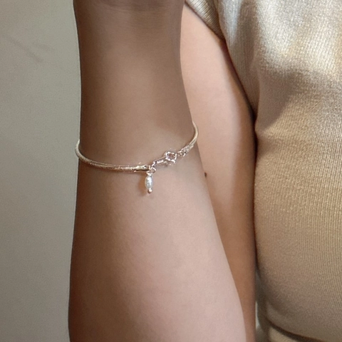 Bracciale a Catena a Serpente in Argento Sterling 925 per Donna Pendente a Perla Artificiale Minimalista Gioielli Stile Coreano