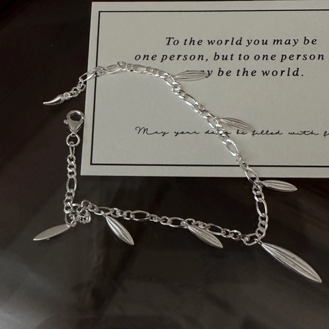 Minimalist 925 Sterling Silver Leaf Charm Bracelet For Women Vintage Matte Figaro Chain Bamboo Water Drop Jewelry Gift