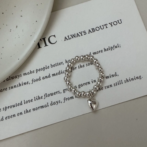 S925 Sterling Silver Beaded Heart Ring Adjustable Minimalist Fashion Korean Style Vintage Finger Ring Jewelry For Women