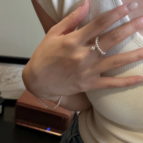 S925 Sterling Silver Beaded Heart Ring Adjustable Minimalist Fashion Korean Style Vintage Finger Ring Jewelry For Women
