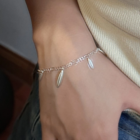 Minimalist 925 Sterling Silver Leaf Charm Bracelet For Women Vintage Matte Figaro Chain Bamboo Water Drop Jewelry Gift