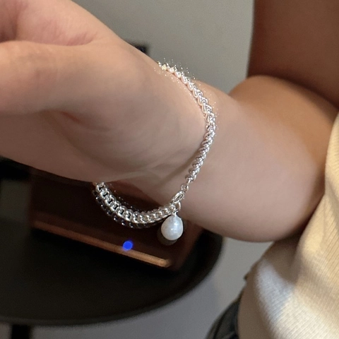 Bracciale a Catena Intrecciata con Ciondolo in Perla Artificiale in Argento Sterling 925 Stile Coreano Minimalista Gioielli Donna