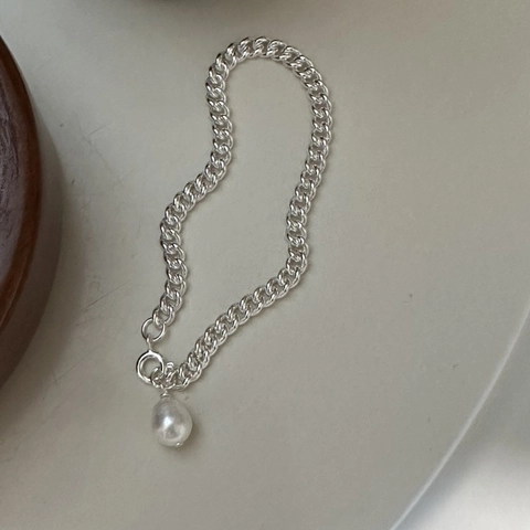 Bracciale a Catena Intrecciata con Ciondolo in Perla Artificiale in Argento Sterling 925 Stile Coreano Minimalista Gioielli Donna