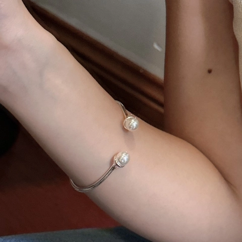 925 Sterling Silver Pearl Open Bracelet For Women Korean Minimalist Retro Dual Pearl C-Shaped Bangle Jewelry Gift