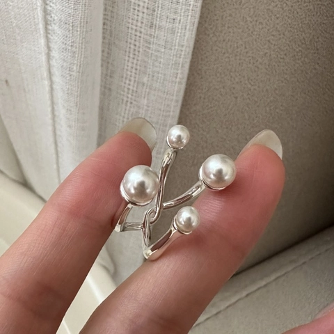 Eleganter S925 Sterlingsilber Perlen Überkreuzter Offener Ring Minimalistischer Mehrlagiger Verstellbarer Fingerring Für Damen