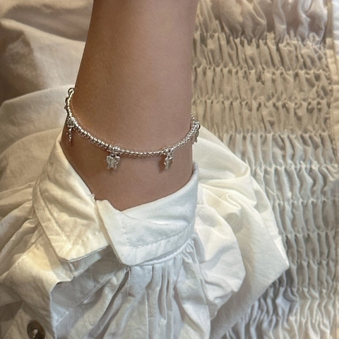 Bracciale S925 in Argento Sterling con Perline e Farfalla per Donna Gioielli Minimalisti in Stile Coreano Ciondolo Animale