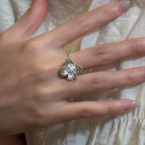 Anillo Abierto de Flor de Plata de Ley S925 para Mujer Anillo de Dedo Floral Texturizado Ajustable Joyería de Moda Coreana