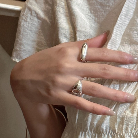 Anello in Argento Sterling 925 Minimalista Forma di Capsula Fagiolo Aperto Regolabile Gioielli Geometrici Moderni Regalo Donna